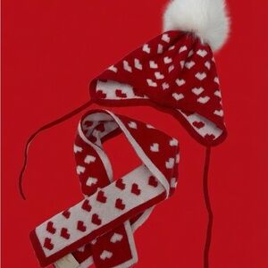Red and White Heart Pattern Kids Hat and Scarf Set